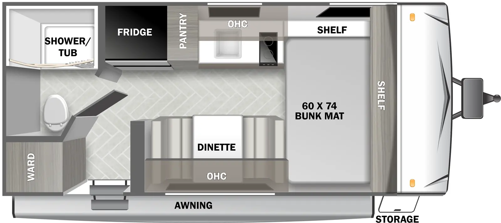 The Evo Southwest 158FBGT floorplan has one entry and zero slide outs. Exterior features include: metal exterior. Interiors features include: front bedroom.